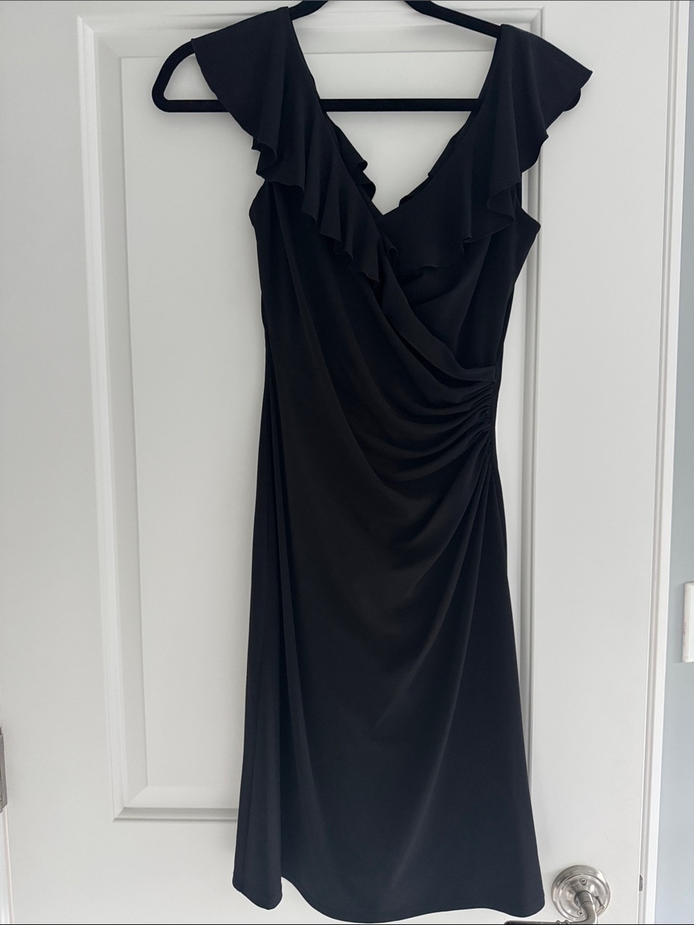 White House Black Market Black Ruffled V-Neck Midi Dress